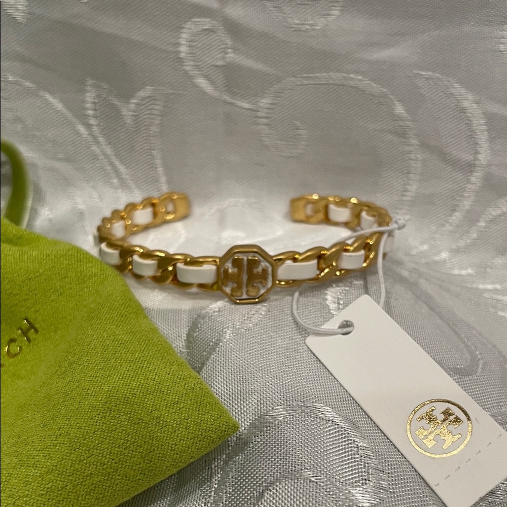 Tory Burch Gold-tone Bracelet with White Leather Chain Links New Size 6.5 New